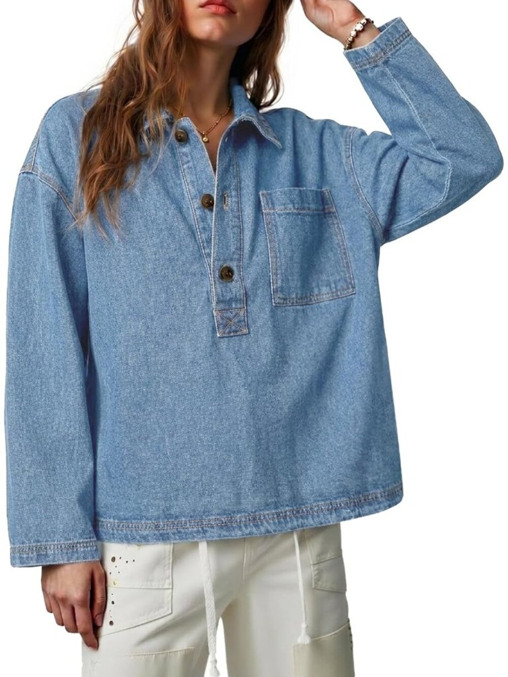 Women’s Light Blue Denim Long Sleeve Button Up V Neck Jean Shirt Top Blouses